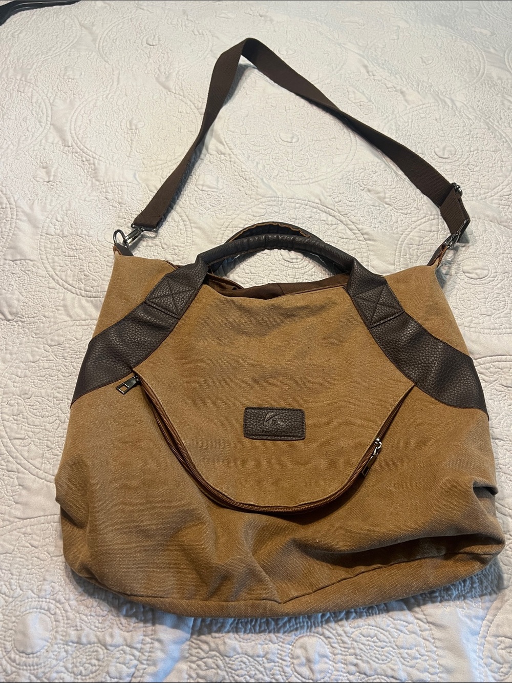 Canvas and Leather-Trim Hobo Bag in Brown
